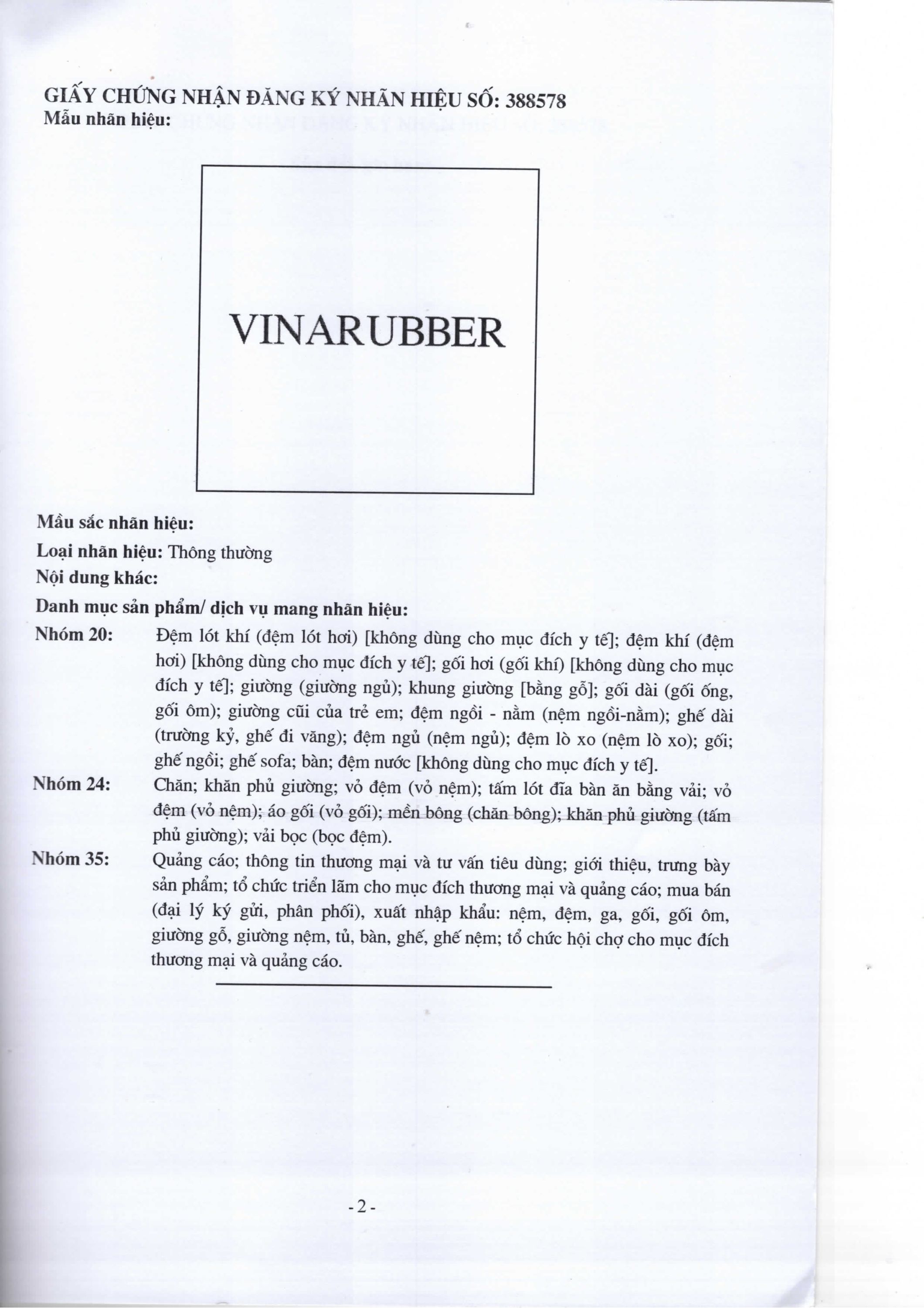 VINARUBBER TRADEMARK REGISTERED CERTIFICATE IN Vietnam