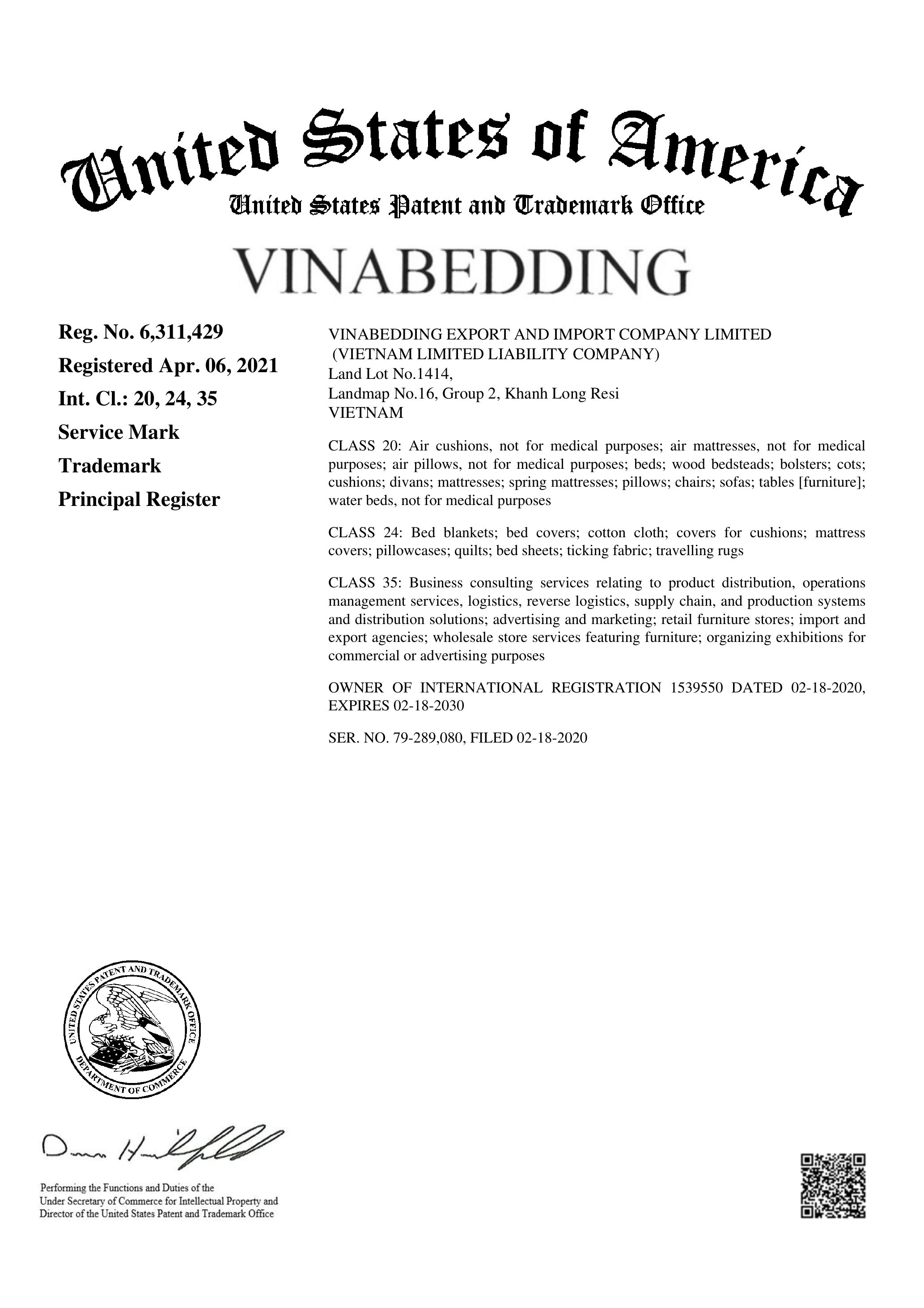 VINABEDDING TRADEMARK REGISTERED CERTIFICATE IN USA